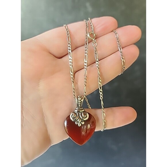 925 Sterling Silver Red Glass Scrolls Heart Shaped Pendant Necklace Vintage,READ - Picture 3 of 10